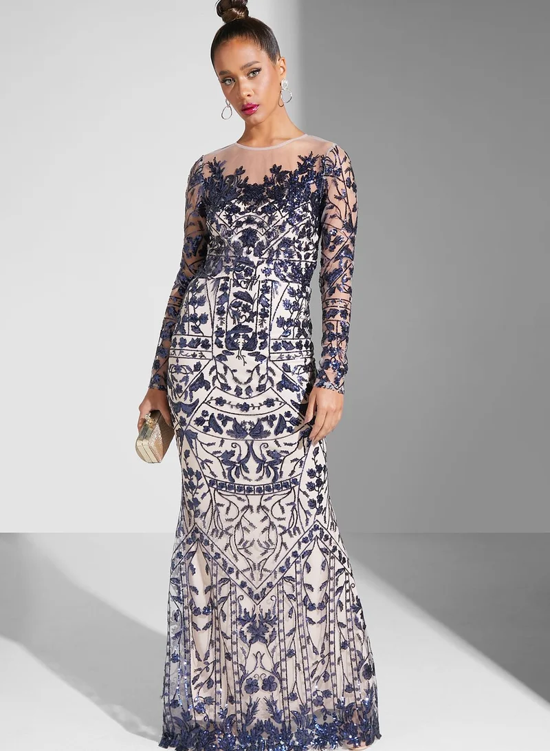 Goddiva Floral Embroidered Gown Dress