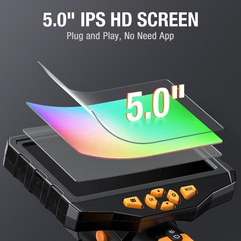 Teslong Inspection Camera, Dual Lens Borescope Camera with Light, NTS300 5" IPS Industrial Endoscope, 1080P Waterproof Flexible Mechanic Fiber Optic Snake Scope Cam for Wall Automotive Engine (3.3FT) - Image 3