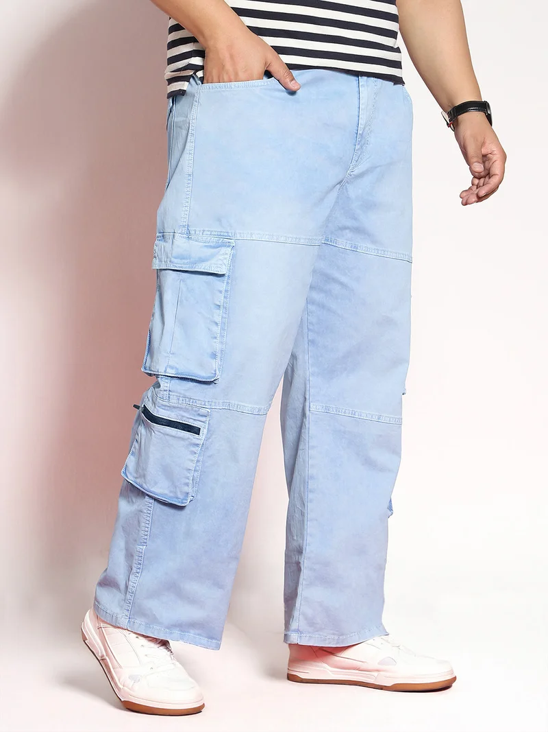 Urbano Fashion  Urbano Plus Men's Ice Blue Loose Baggy Fit Travel Cargo Jeans with 8 Pockets Stretchable  | Best Price UAE