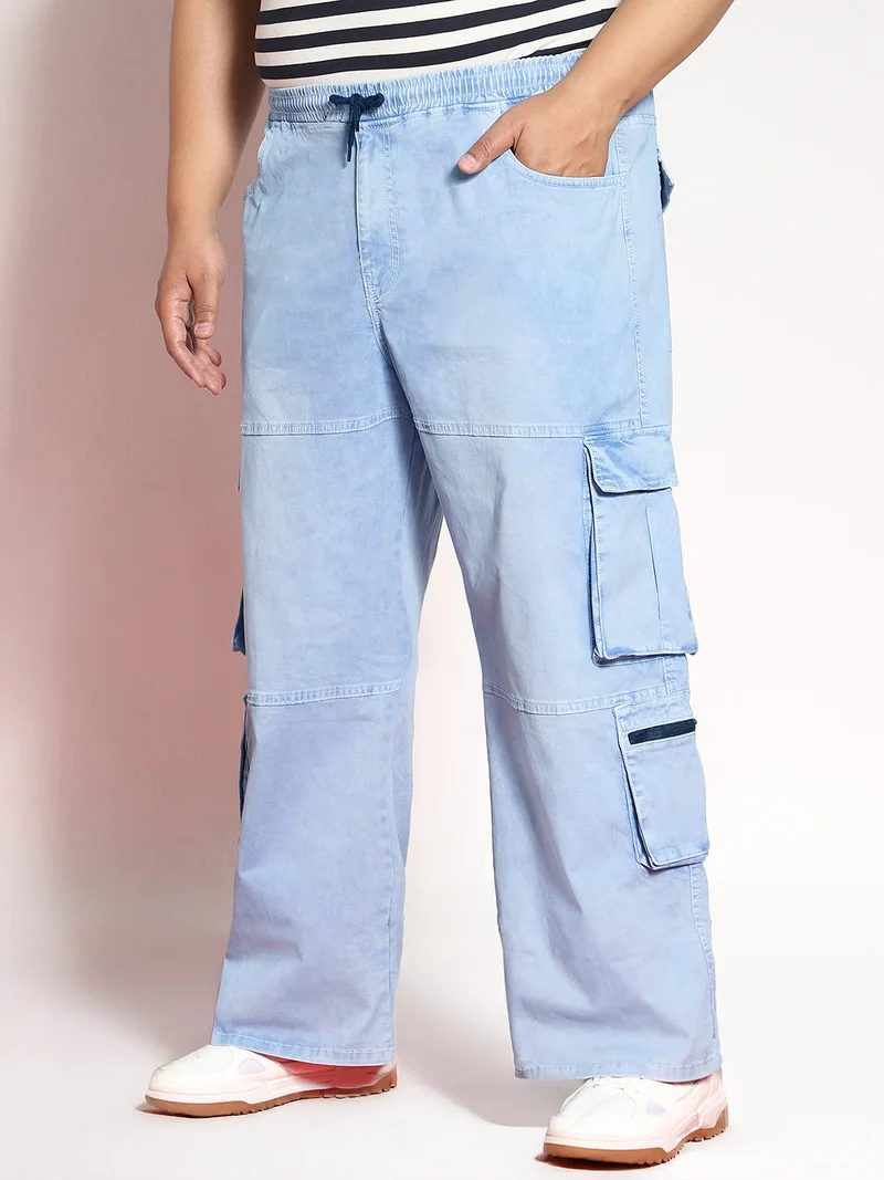 Urbano Fashion  Urbano Plus Men's Ice Blue Loose Baggy Fit Travel Cargo Jeans with 8 Pockets Stretchable  | Best Price UAE