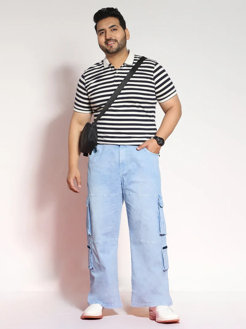 Urbano Fashion  Urbano Plus Men's Ice Blue Loose Baggy Fit Travel Cargo Jeans with 8 Pockets Stretchable  | Best Price UAE
