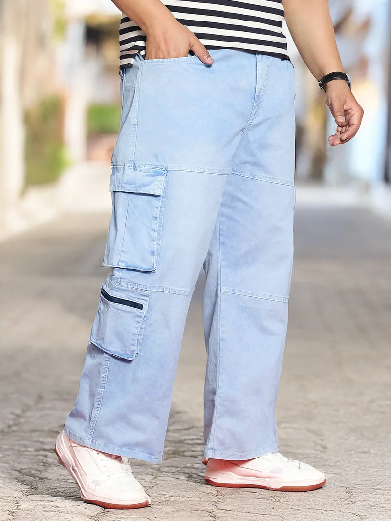 Urbano Plus Men's Ice Blue Loose Baggy Fit Travel Cargo Jeans with 8 Pockets Stretchable