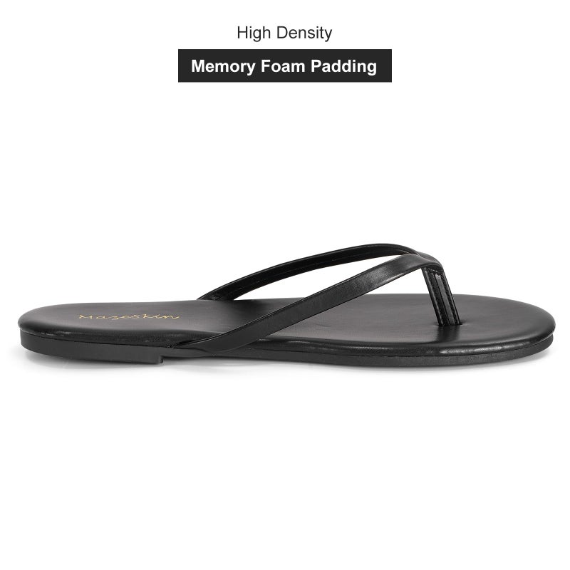 mazeskin Women's Memory Foam Comfortable Flat Thong Sandals Dressy Summer Beach Leather Slide Flip Flops,Black US9 - Image 4