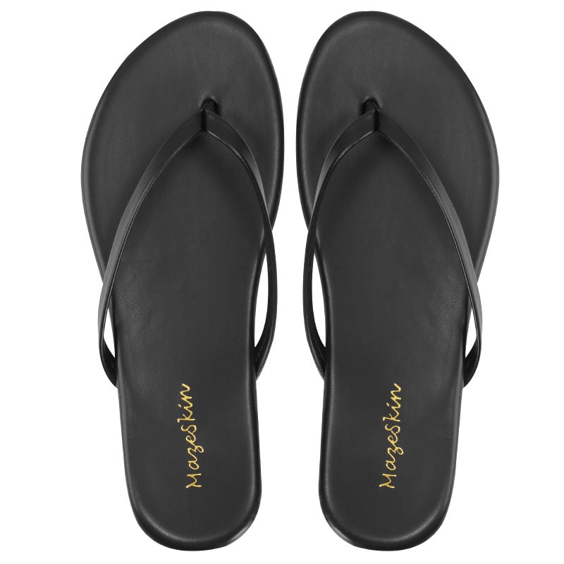 mazeskin Women's Memory Foam Comfortable Flat Thong Sandals Dressy Summer Beach Leather Slide Flip Flops,Black US9 - Image 5