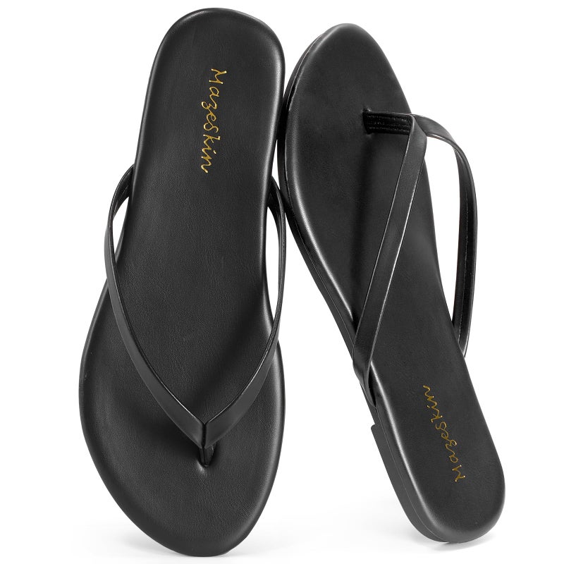 mazeskin Women's Memory Foam Comfortable Flat Thong Sandals Dressy Summer Beach Leather Slide Flip Flops,Black US9 - Image 1