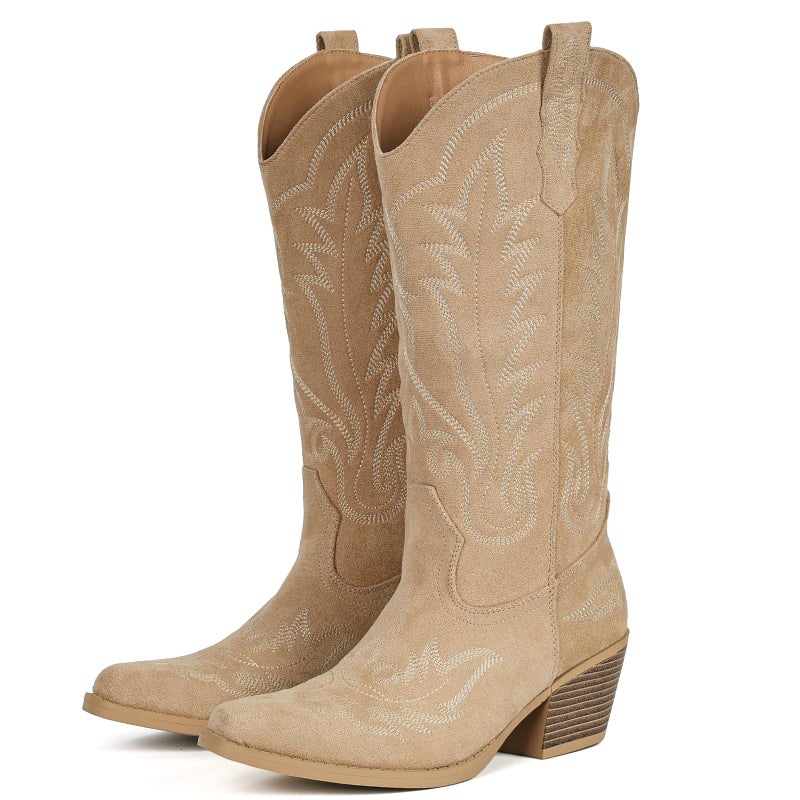 Fioralie Suede Cowboy Boots for Women Western Mid Calf Cowgirl Boots with Embroidered, Retro Snip Toe Fashion Boot With Chunky Block Heel Summer Fall Country Music Festival Cowboy Chic - Image 1