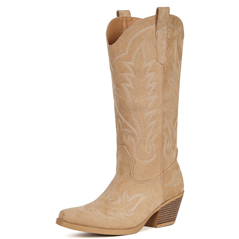 Fioralie Suede Cowboy Boots for Women Western Mid Calf Cowgirl Boots with Embroidered, Retro Snip Toe Fashion Boot With Chunky Block Heel Summer Fall Country Music Festival Cowboy Chic - Image 4