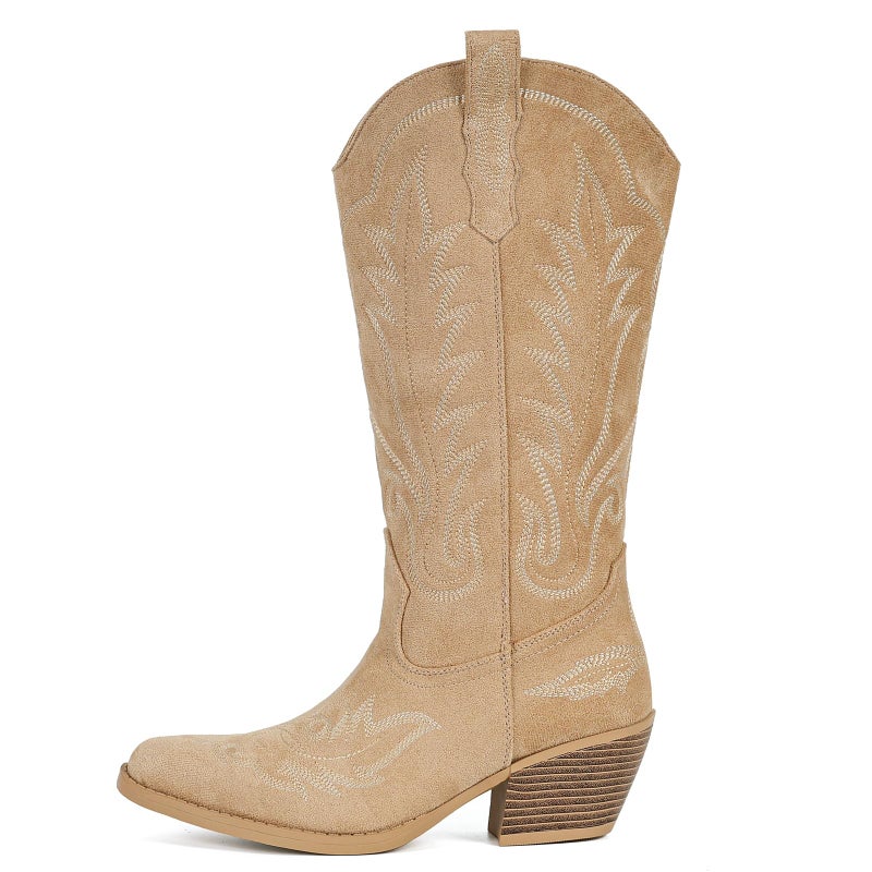 Fioralie Suede Cowboy Boots for Women Western Mid Calf Cowgirl Boots with Embroidered, Retro Snip Toe Fashion Boot With Chunky Block Heel Summer Fall Country Music Festival Cowboy Chic - Image 5