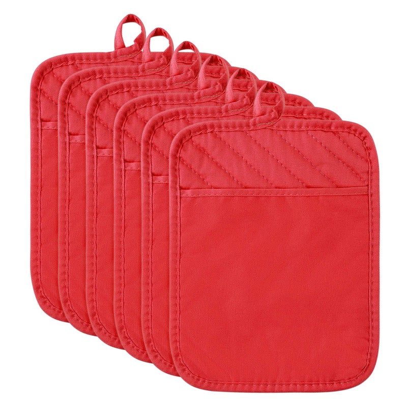 R HORSE 6Pcs Christmas Red Pot Holders with Pocket for Kitchen Cotton Pocket Pot Holder Set Heat Resistant Potholder Terry Coaster Oven Mitts Hot Pads Trivet for Baking Cooking 7x9