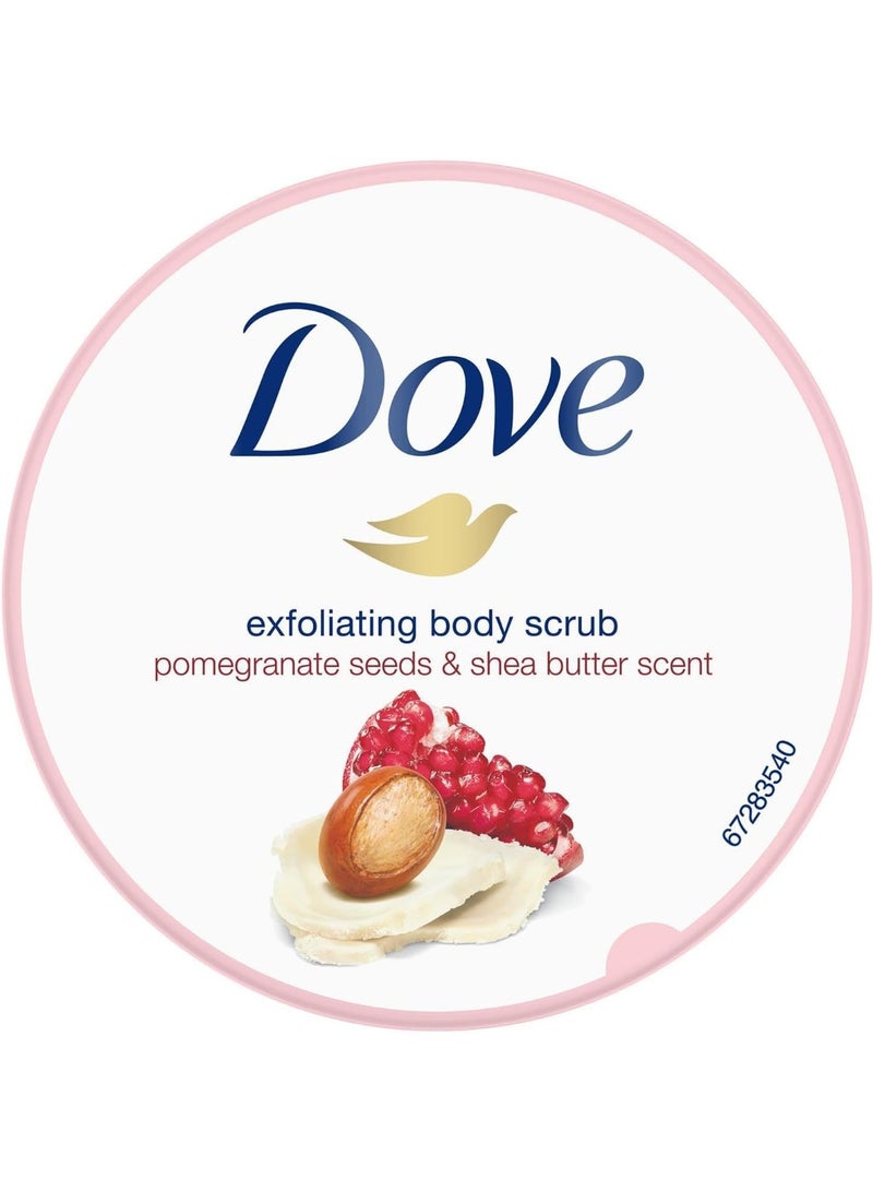 Dove Exfoliating Body Polish Scrub, Pomegranate & Shea Butter, with ¼ moisturising cream, 225ml
