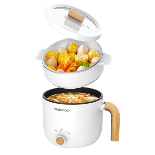 Audecook Hot Pot Electric with Steamer, 1.5L Portable Nonstick Rapid Noodles Cooker, Travel Electric Skillet with Dual Power Control for Ramen/Pasta/Soup/Steak/Egg/Oatmeal (White) - Image 1