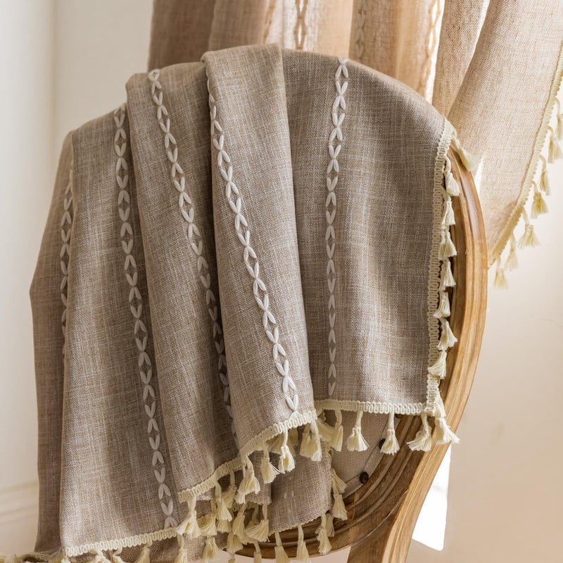 Deeprove Natural Burlap Look Boho Curtains 90 inches Length for Living Room Bedroom Nursery  Vintage Chic Bohemian 90 inches Long Embroidery Farmhouse Tassel Window Treatments  W52 x L90  1 Panel - Image 2