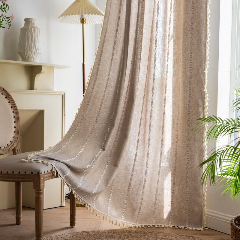 Deeprove Natural Burlap Look Boho Curtains 90 inches Length for Living Room Bedroom Nursery  Vintage Chic Bohemian 90 inches Long Embroidery Farmhouse Tassel Window Treatments  W52 x L90  1 Panel - Image 4