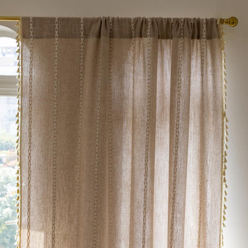 Deeprove Natural Burlap Look Boho Curtains 90 inches Length for Living Room Bedroom Nursery  Vintage Chic Bohemian 90 inches Long Embroidery Farmhouse Tassel Window Treatments  W52 x L90  1 Panel - Image 3