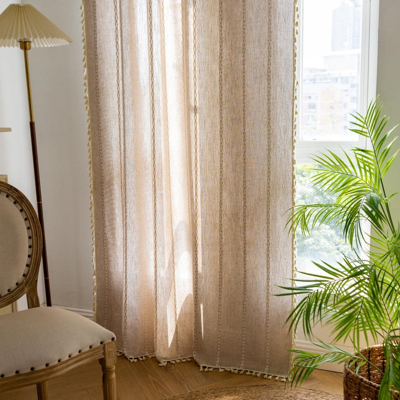 Deeprove Natural Burlap Look Boho Curtains 90 inches Length for Living Room Bedroom Nursery  Vintage Chic Bohemian 90 inches Long Embroidery Farmhouse Tassel Window Treatments  W52 x L90  1 Panel - Image 1