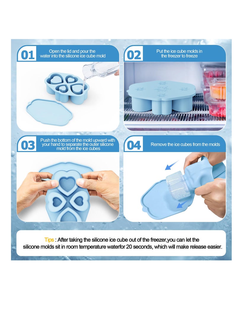 Excefore 4-Cavity Ice Cube Tray for Stanley Cup, Silicone Hollow Heart Ice Mold with Lid for Freezer, Ice Drink, Juice, Whiskey, Cocktail,Perfect Compatible with Tumbler Cup 30 Oz, Blue  - Image 4