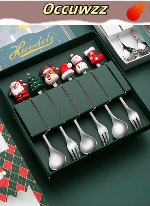 Silverware Set, 6 Pieces New Creative Stainless Steel Tableware Christmas Spoon Gift Box Cartoon Christmas Tree Coffee Spoon Color Box Set, Home Cutlery Flatware Set