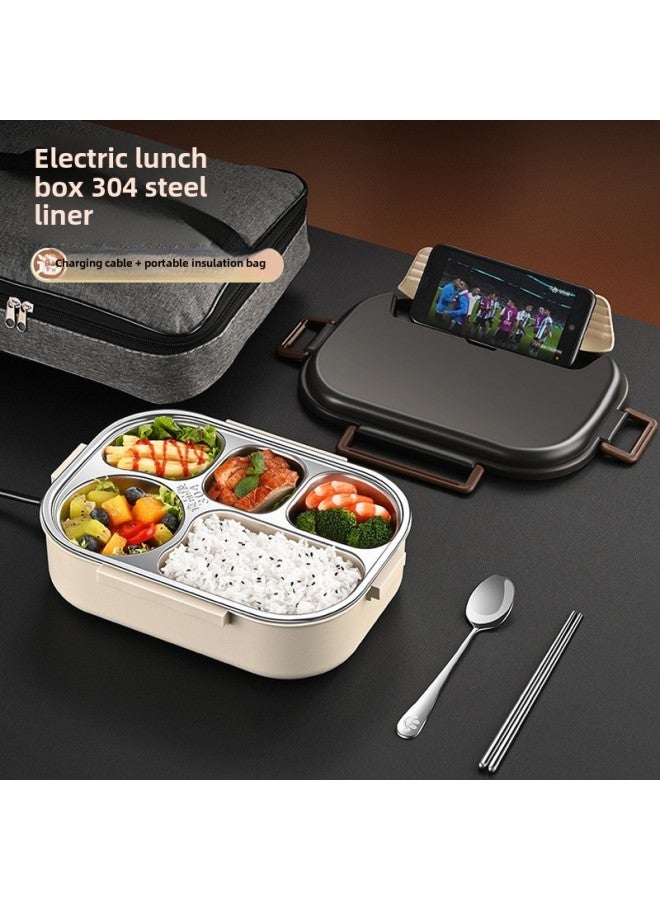 Electric Lunch Box Water Injection-free Heating Plug-in Electric Car Insulation Large Capacity Food Separated Hot Lunch Box-Specifications:(Creamy-white) Electric Lunch Box Four Grids * With Spoon  - Image 2