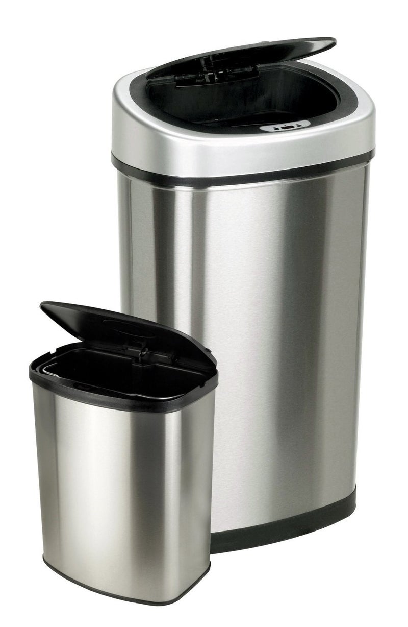 NINESTARS CB-DZT-50-98-1C Automatic Touchless Motion Sensor Oval & Rectangular Trash Can Combo Set, 13.2 Gal. 50 L. & 2.1 Gal.8 L., Stainless Steel - Image 1