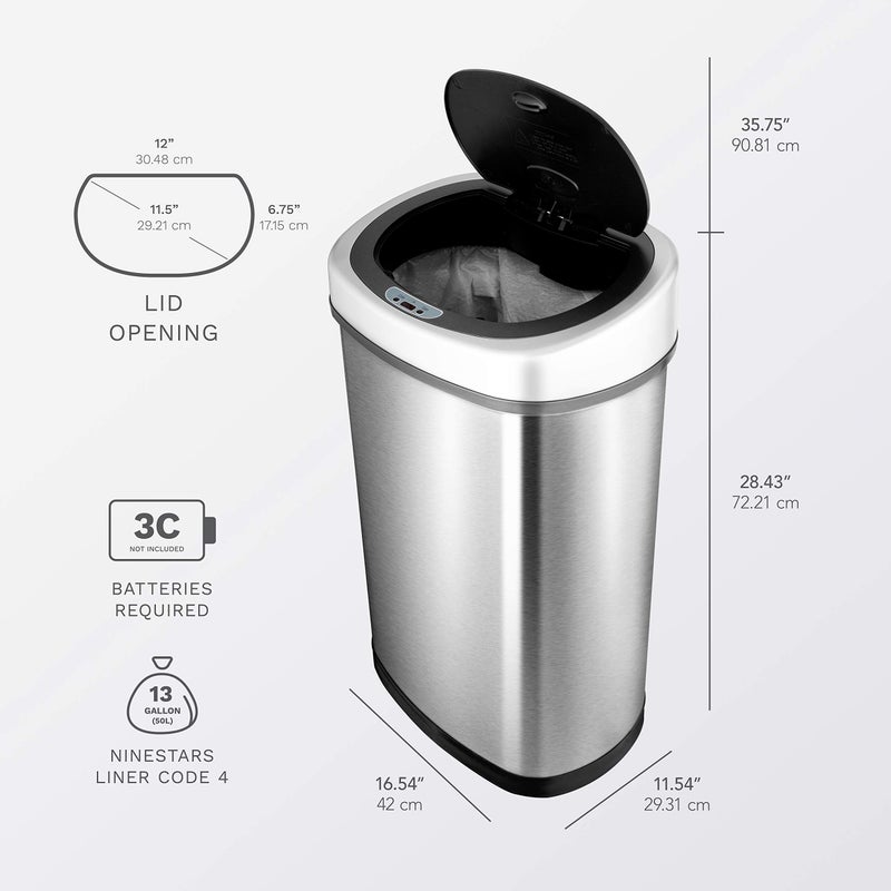 NINESTARS CB-DZT-50-98-1C Automatic Touchless Motion Sensor Oval & Rectangular Trash Can Combo Set, 13.2 Gal. 50 L. & 2.1 Gal.8 L., Stainless Steel - Image 3