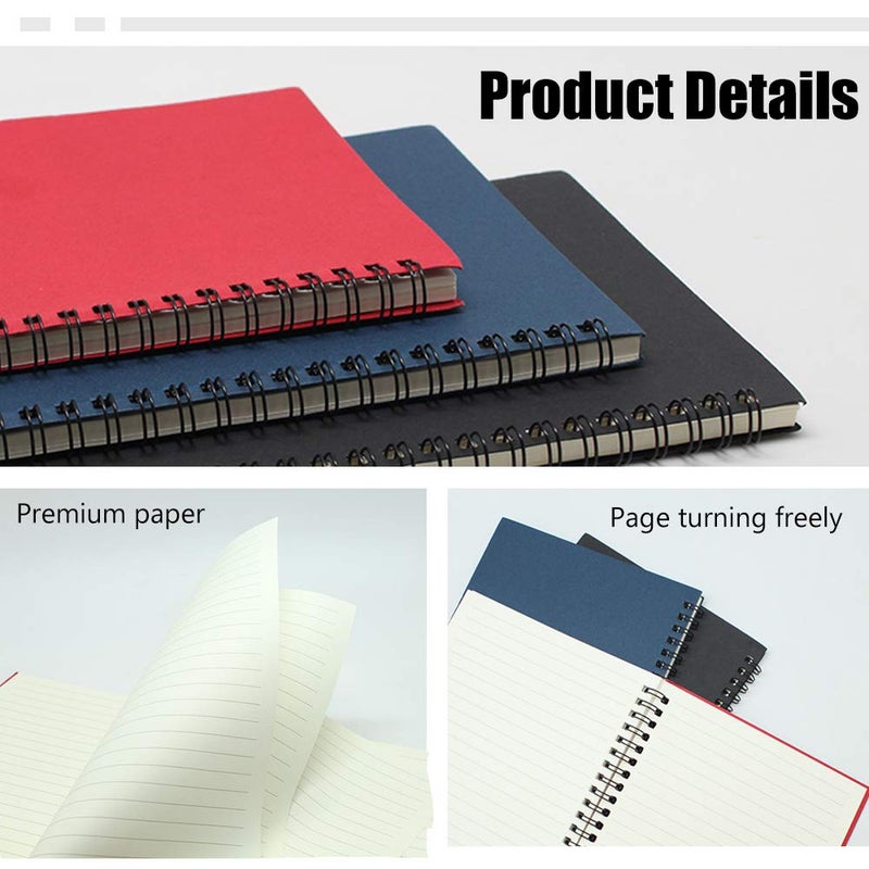 GRT 3 عبوات دفتر ملاحظات حلزوني غلاف ناعم مع ورق مخطط A5 دفتر ملاحظات 150 ورقة كلياً، دفاتر مرتبطة بأسلاك للاستخدام المنزلي والمكتبي والمدرسي ومذكرات السفر، 8.25 × 5.55 بوصة (أسود أحمر أزرق) - Image 4