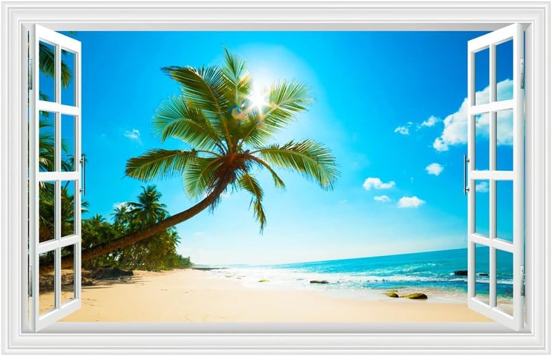 Kiddale Fake Windows Wall Sticker, Removable 3D Beach Seascape Faux Windows Wall Decals for Bedroom Living Room Decoration, 27.5"x17.3" - Image 1