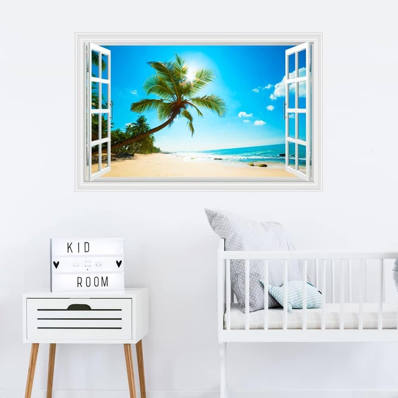 Kiddale Fake Windows Wall Sticker, Removable 3D Beach Seascape Faux Windows Wall Decals for Bedroom Living Room Decoration, 27.5"x17.3" - Image 5