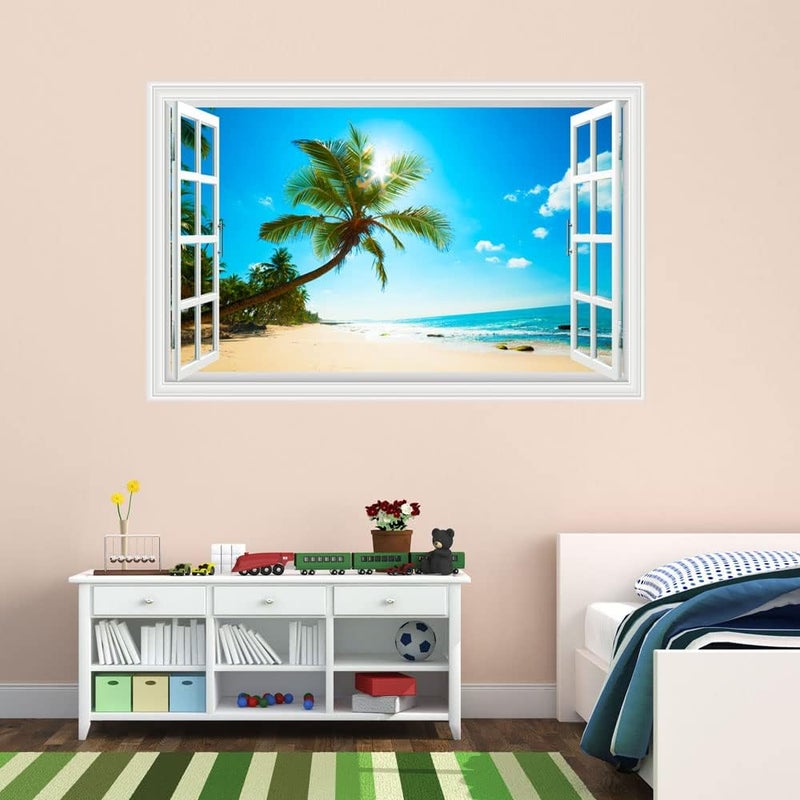 Kiddale Fake Windows Wall Sticker, Removable 3D Beach Seascape Faux Windows Wall Decals for Bedroom Living Room Decoration, 27.5"x17.3" - Image 4
