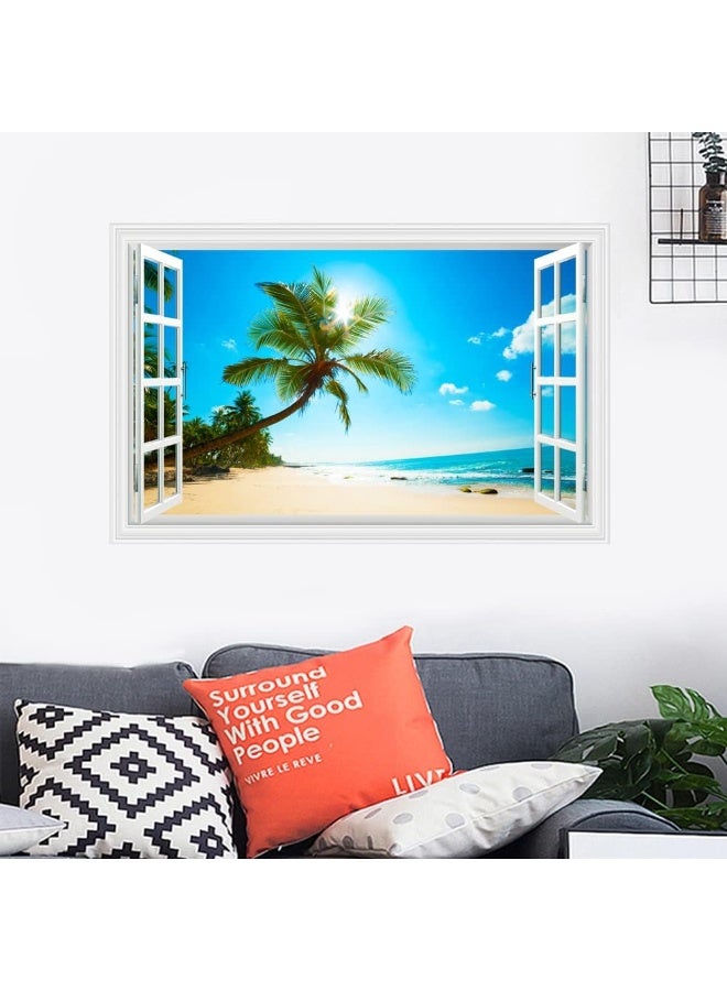 Kiddale Fake Windows Wall Sticker, Removable 3D Beach Seascape Faux Windows Wall Decals for Bedroom Living Room Decoration, 27.5"x17.3" - Image 2