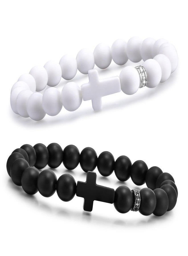 MEALGUET 2 Pcs Silicone Cross Bracelet for Men : Comfort Black White Rubber Cross Beaded Silicone Men's bracelet Set Stretch Jesus Wristband, Faith Religious Christian Catholic Jewelry Gifts for Boys Son Teens - Image 1