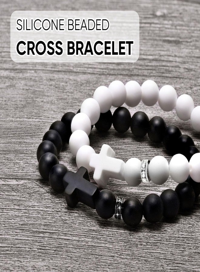 MEALGUET 2 Pcs Silicone Cross Bracelet for Men : Comfort Black White Rubber Cross Beaded Silicone Men's bracelet Set Stretch Jesus Wristband, Faith Religious Christian Catholic Jewelry Gifts for Boys Son Teens - Image 4