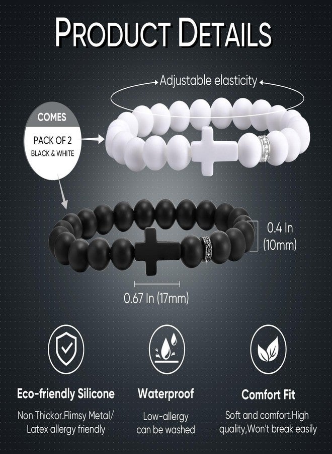 MEALGUET 2 Pcs Silicone Cross Bracelet for Men : Comfort Black White Rubber Cross Beaded Silicone Men's bracelet Set Stretch Jesus Wristband, Faith Religious Christian Catholic Jewelry Gifts for Boys Son Teens - Image 3