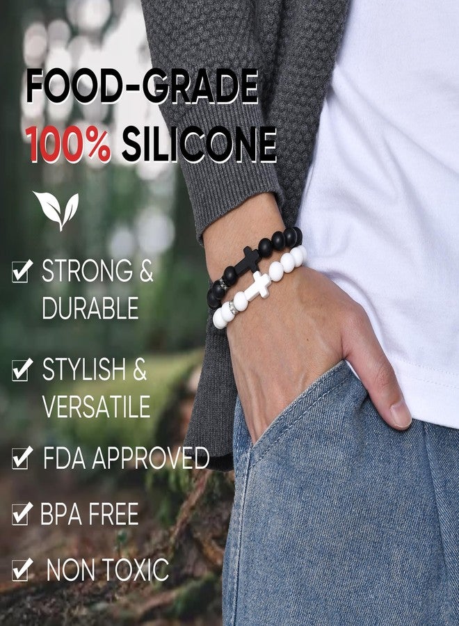 MEALGUET 2 Pcs Silicone Cross Bracelet for Men : Comfort Black White Rubber Cross Beaded Silicone Men's bracelet Set Stretch Jesus Wristband, Faith Religious Christian Catholic Jewelry Gifts for Boys Son Teens - Image 2