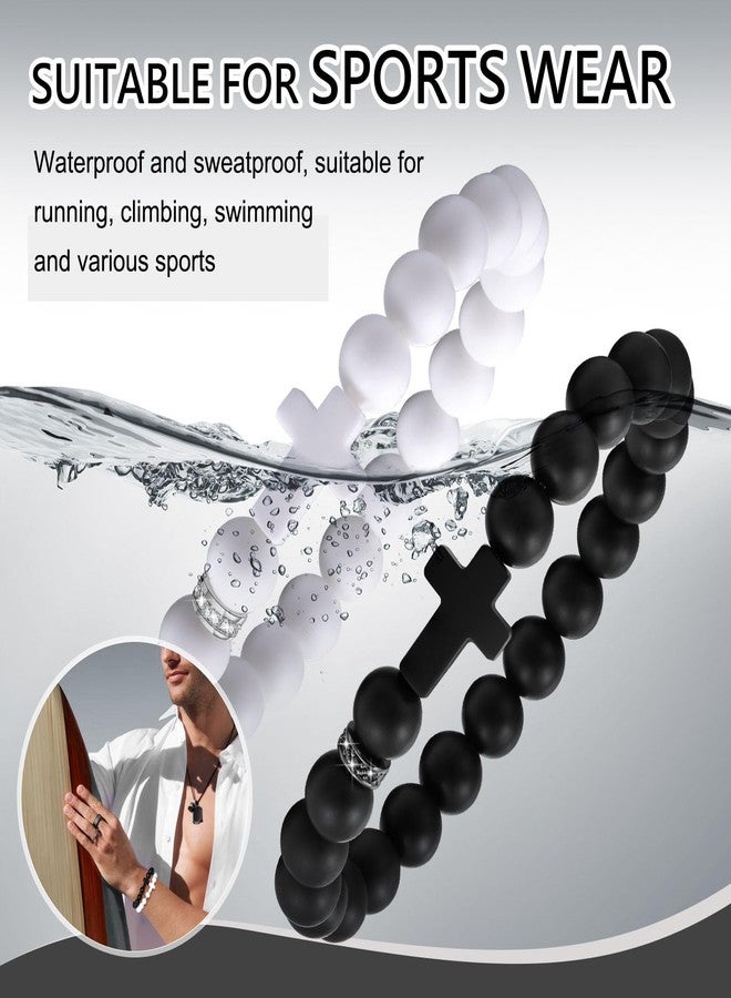 MEALGUET 2 Pcs Silicone Cross Bracelet for Men : Comfort Black White Rubber Cross Beaded Silicone Men's bracelet Set Stretch Jesus Wristband, Faith Religious Christian Catholic Jewelry Gifts for Boys Son Teens - Image 5