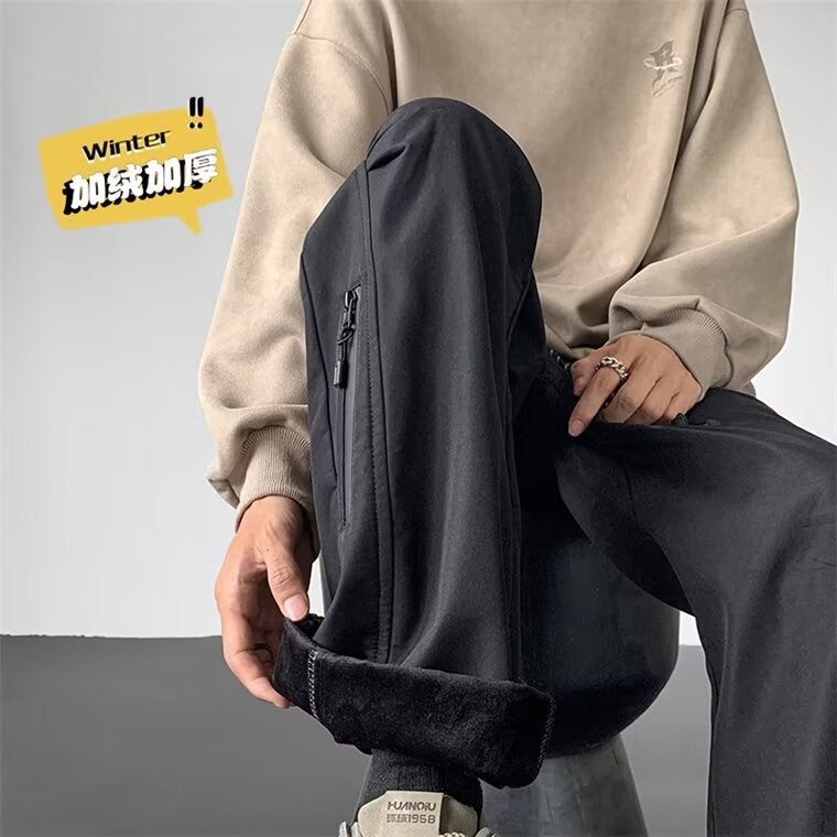 Winter Rush Pants Men'S Fleece-Lined Thick Warm Zipper Waterproof Climbing Pants Ruan Shuai Loose Straight Casual Trousers - Image 2