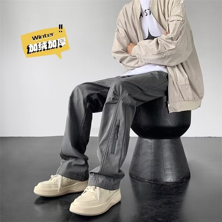 Winter Rush Pants Men'S Fleece-Lined Thick Warm Zipper Waterproof Climbing Pants Ruan Shuai Loose Straight Casual Trousers - Image 5