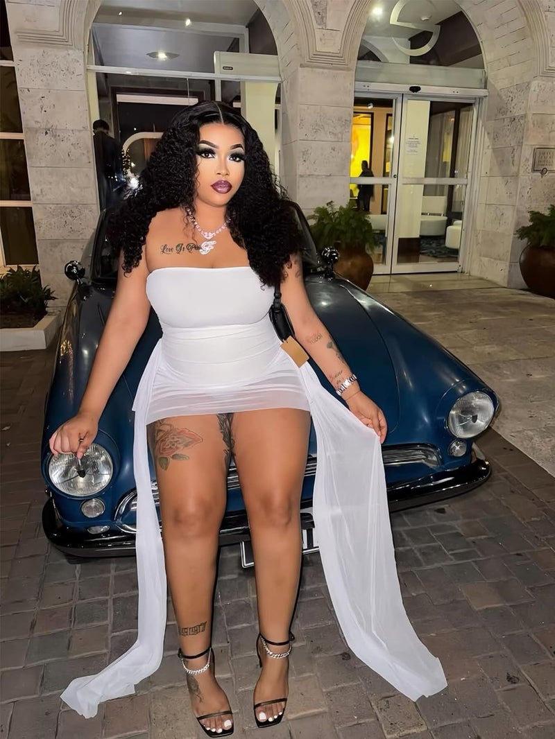 Uni Clau White Sexy Off Shoulder Mesh Sheer Y2k Tube Mini Dress for Women Ribbon Bodysuit Party Club Birthday Dresses Date Night - Image 2