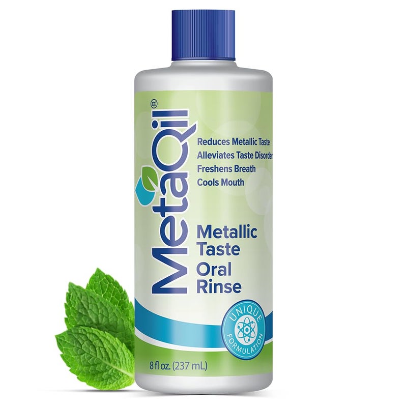 MetaQil Oral Rinse Proven to Relieve Metallic Bitter and Other Taste Disorders Made from 8 Core Ingredients Cools and Freshens Breath Available in 8 oz Bottle 1 Count