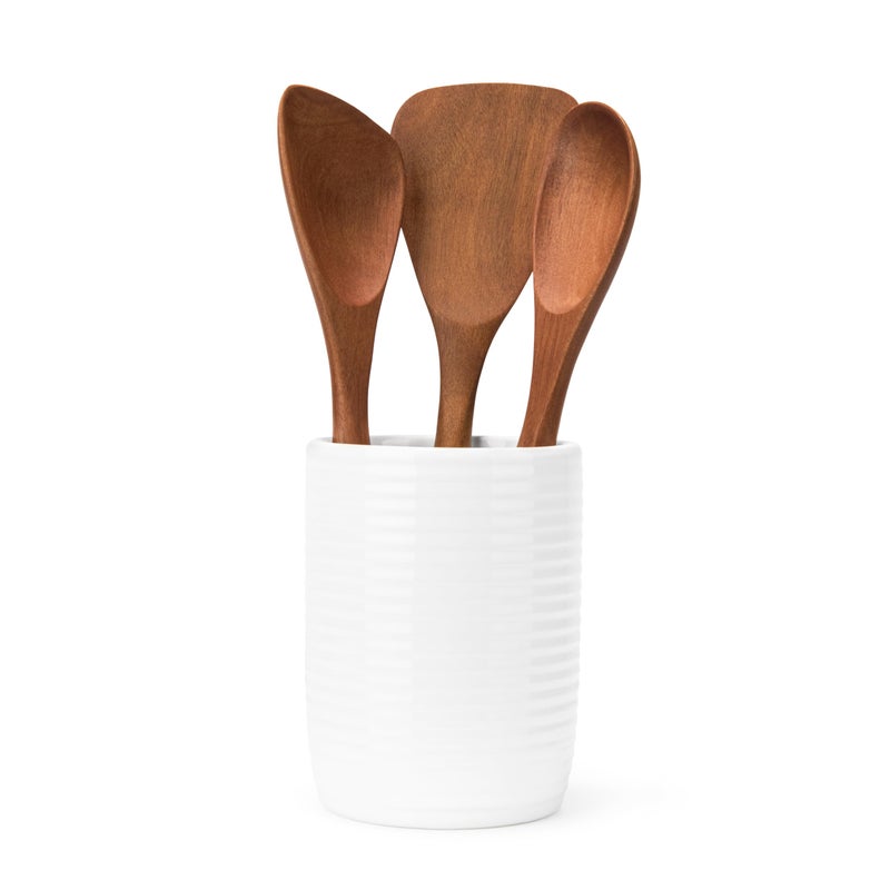Nambe x Tom Papa Breaking Bread Canister with Acacia Wood Utensils - Contemporary Stoneware Kitchen Tool Holder, Includes Round Spoon, Flat Spoon & Spatula - Modern Baking & Cooking Tools - Image 1