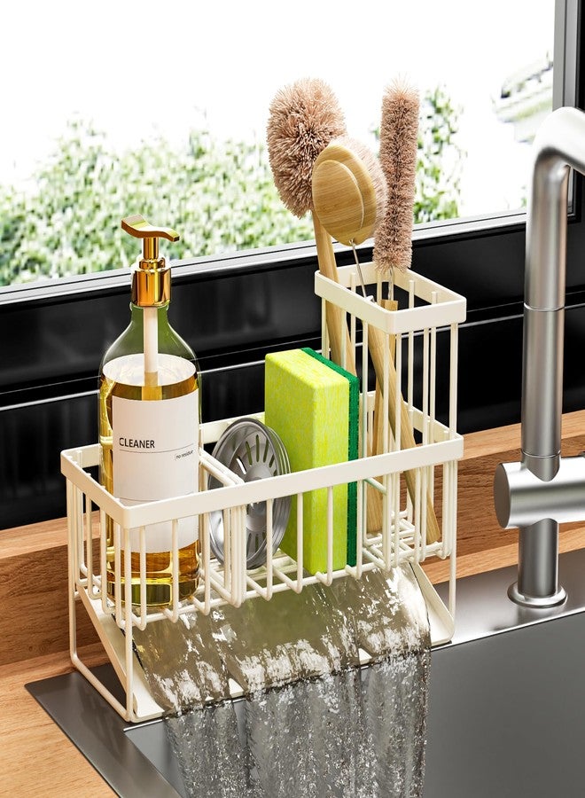 Cisily Off White Sponge Holder for Kitchen Sink, Sink Caddy Organizer with High Brush Holder, Kitchen Countertop Rustproof 304 Stainless Steel, Soap Dispenser Kitchen Organizers and Storage Essentials - Image 1