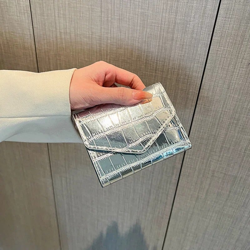 Shiny Leather Flip Wallet & Card Holder with Multiple Pockets - Silver - Image 3