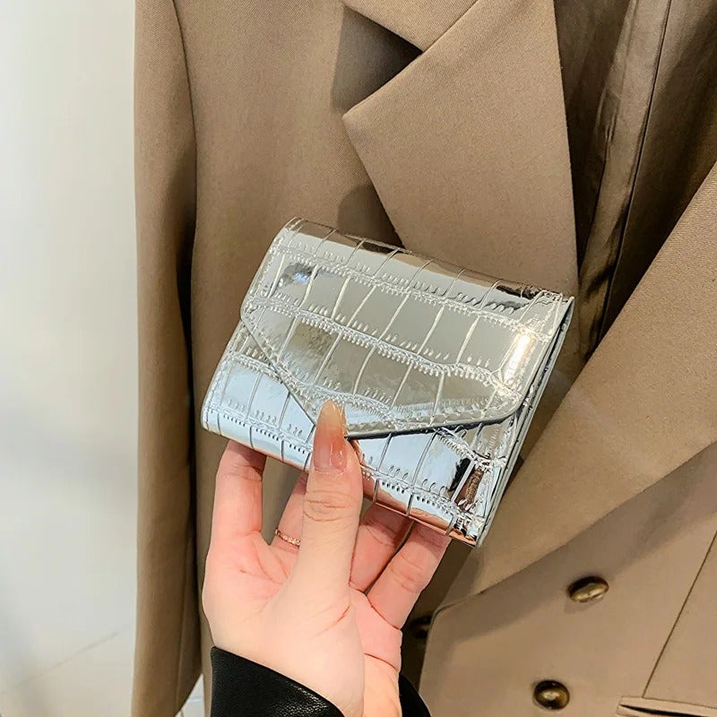 Shiny Leather Flip Wallet & Card Holder with Multiple Pockets - Silver - Image 2