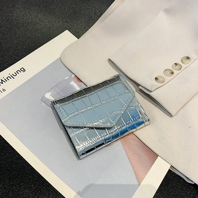 Shiny Leather Flip Wallet & Card Holder with Multiple Pockets - Silver - Image 1