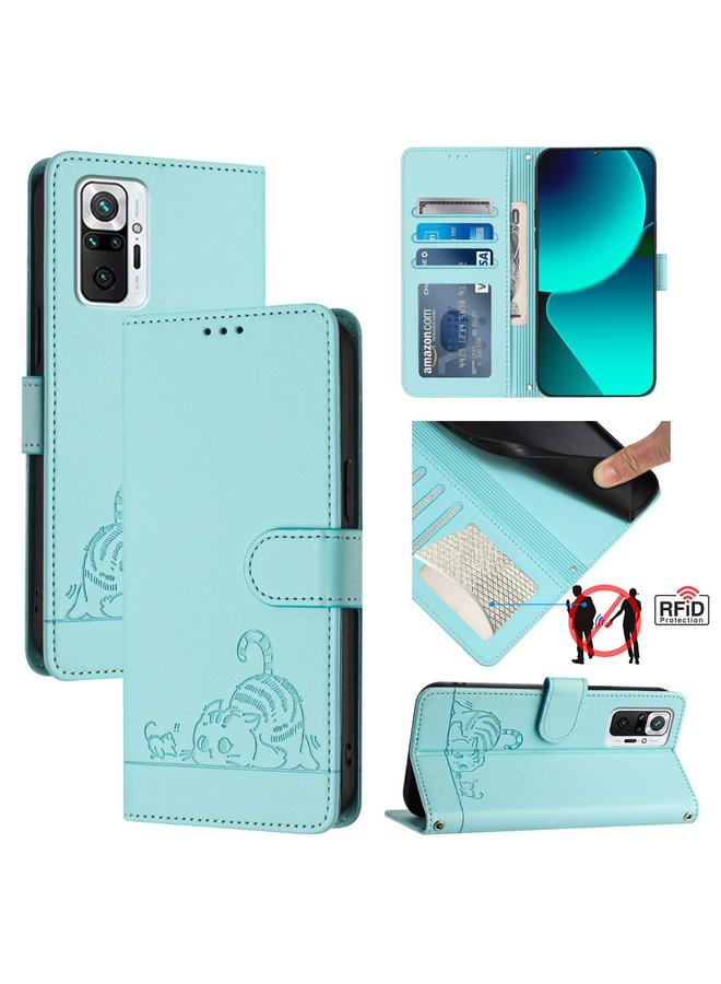 The Bros Case For Xiaomi Redmi Note 10 Pro 4G Cat Rat Embossed Pattern RFID Leather Phone Case with Lanyard
