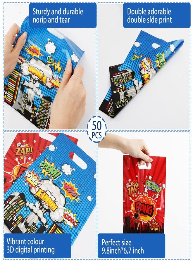 تفكس جيه ٥٠ كيس هدايا لحفلات الأبطال الخارقين، أكياس هدايا عيد ميلاد سعيد للأبطال، أكياس حلوى مزينة بشعارات الأبطال، أكياس هدايا بلاستيكية متينة للأبطال، مثالية لحفلات استقبال المولود الجديد، وحفلات أعياد ميلاد الأولاد والبنات، ومستلزمات تزيين الحفلات. - Image 3