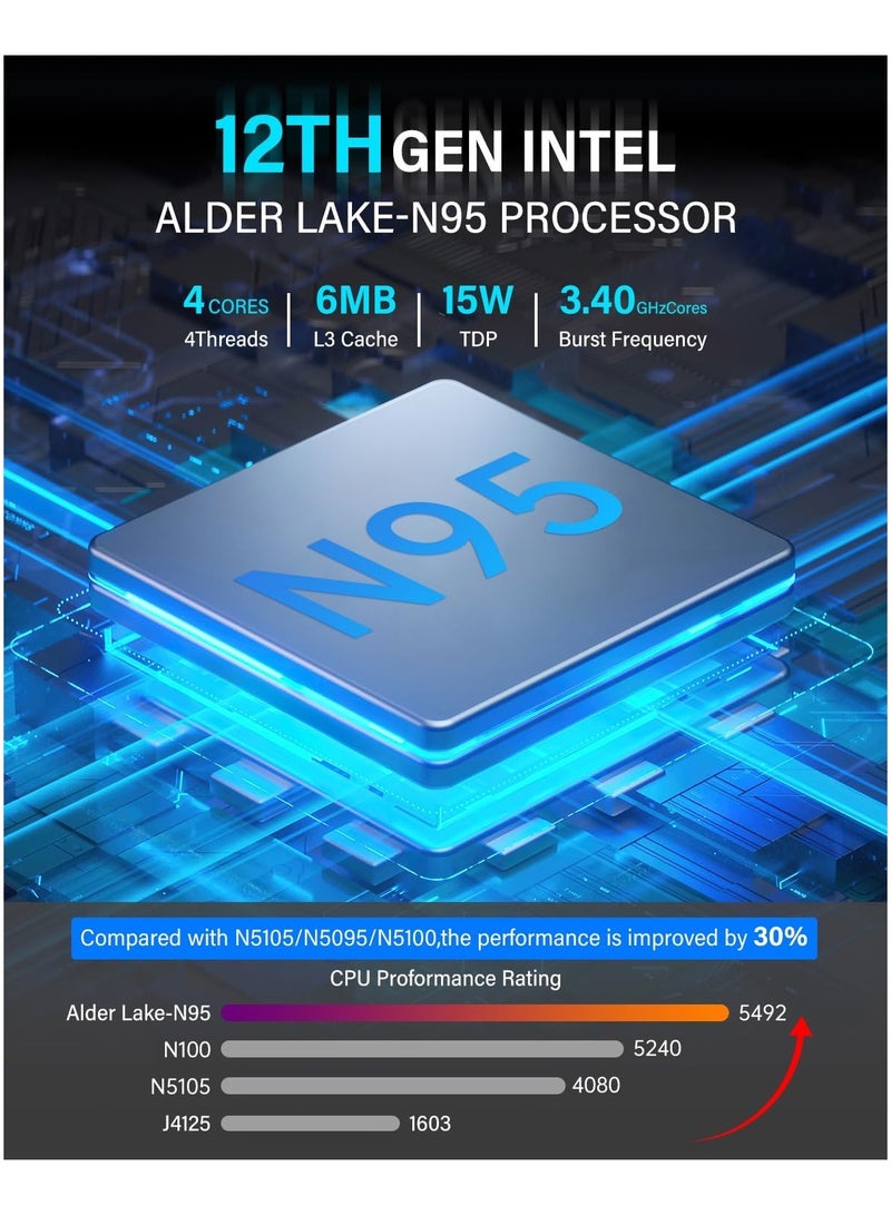 نيبوجي كمبيوتر صغير مزود بمعالج Intel Alder Lake N95 (بسرعة تصل إلى 3.4 جيجاهرتز) وذاكرة وصول عشوائي (RAM) سعة 16 جيجابايت وذاكرة قراءة فقط (ROM) سعة 512 جيجابايت، كمبيوتر مكتبي صغير، كمبيوترات صغيرة بدقة 4K UHD تدعم WiFi 5/BT4.2  /1*HDMI 2.0/1*DP 1.4 ،Windows 11 Pro أسود - Image 2