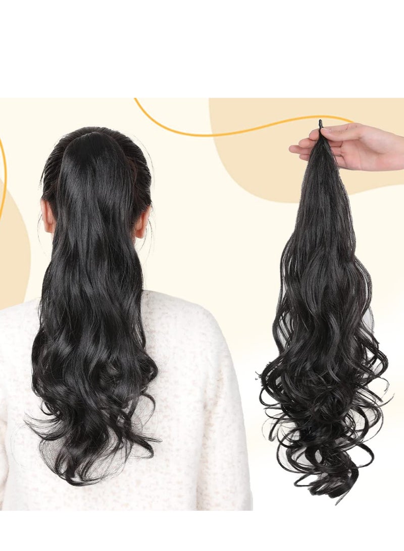 SYOSI 32 Inch Ponytail Extension, False Ponytail Curly, Flexible Wrap Around Ponytail, Long Curly Synthetic Ponytail Wavy, Ponytails Hairpieces for Women Girls Daily Use (Natural Black) - Image 1