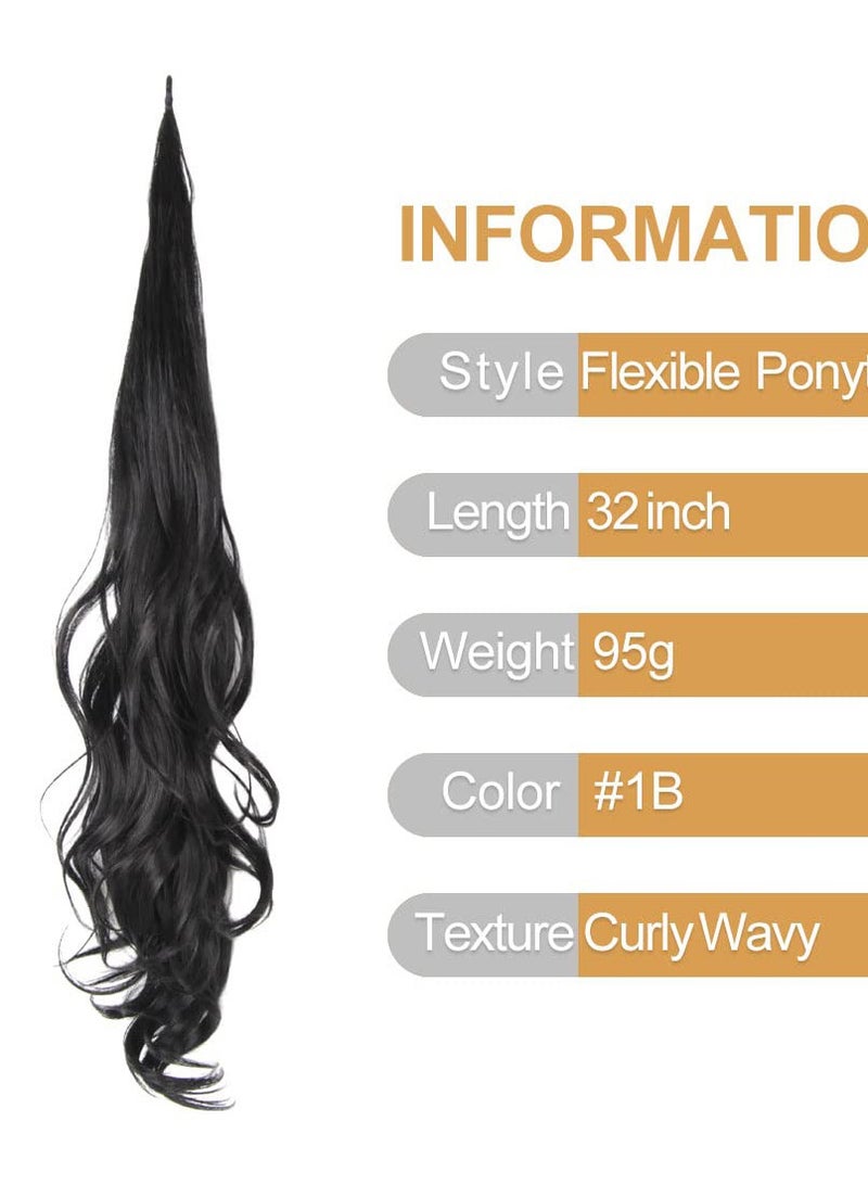 SYOSI 32 Inch Ponytail Extension, False Ponytail Curly, Flexible Wrap Around Ponytail, Long Curly Synthetic Ponytail Wavy, Ponytails Hairpieces for Women Girls Daily Use (Natural Black) - Image 2