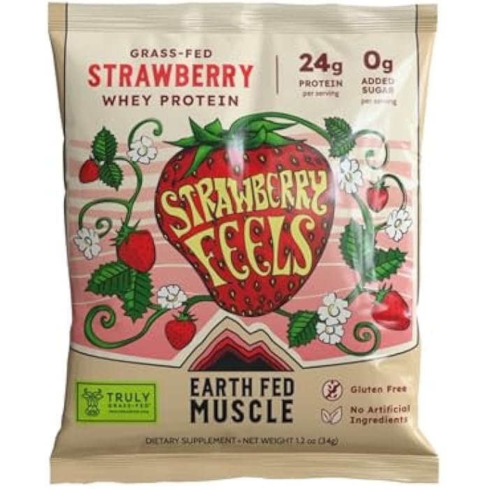 Earth Fed Muscle Strawberry Feels Irish Grass Fed Whey Protein Isolate - NSF-Certified. No Artificial Ingredients, Soy Free, Gluten Free, Non-GMO and Hormone Free (1 Serving, Strawberry) - Image 1