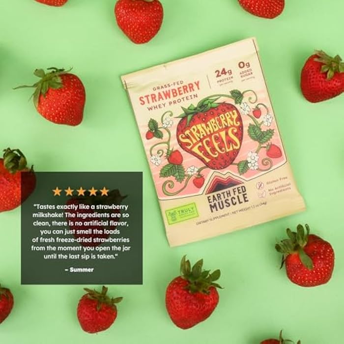 Earth Fed Muscle Strawberry Feels Irish Grass Fed Whey Protein Isolate - NSF-Certified. No Artificial Ingredients, Soy Free, Gluten Free, Non-GMO and Hormone Free (1 Serving, Strawberry) - Image 5